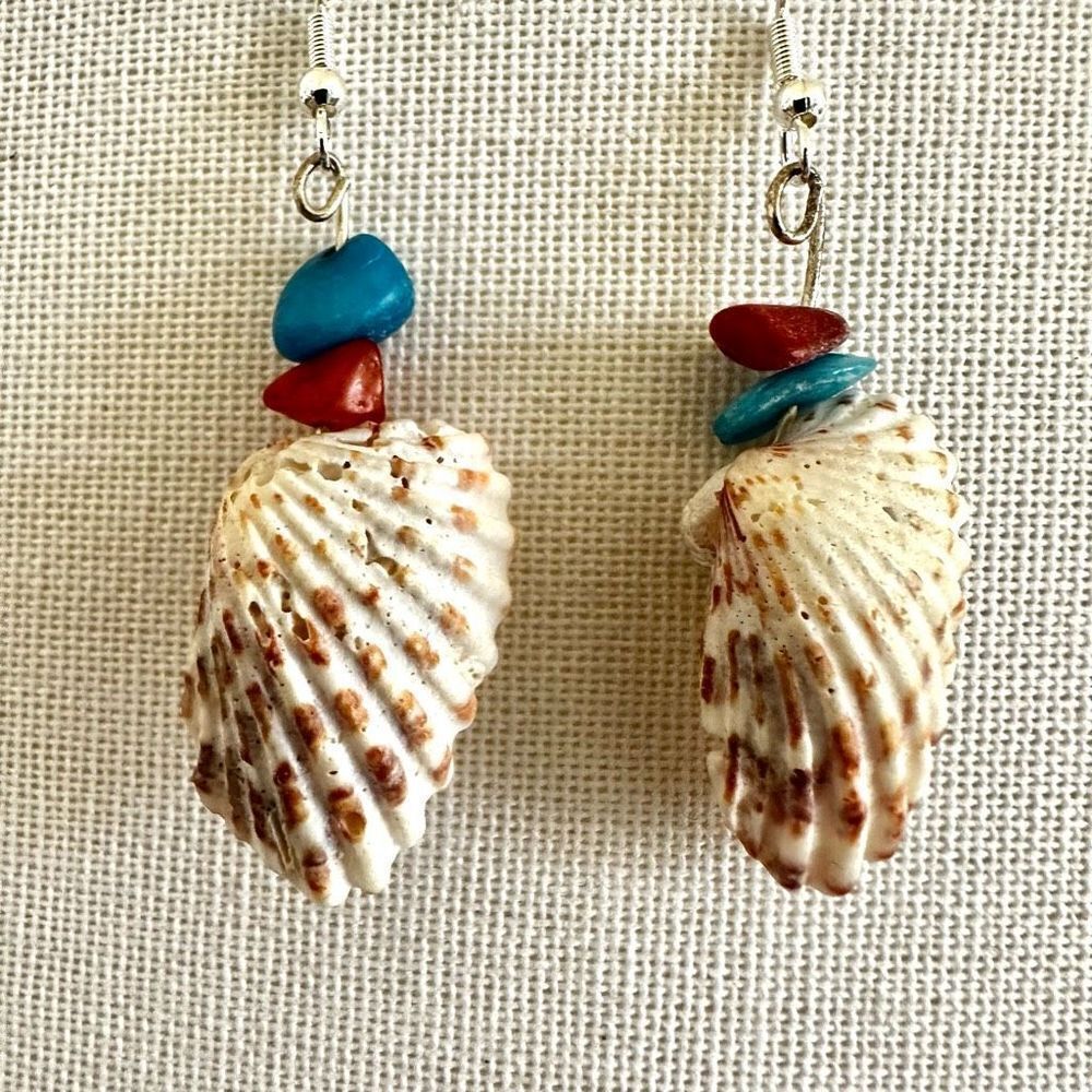 Blue orange shell drop earrings